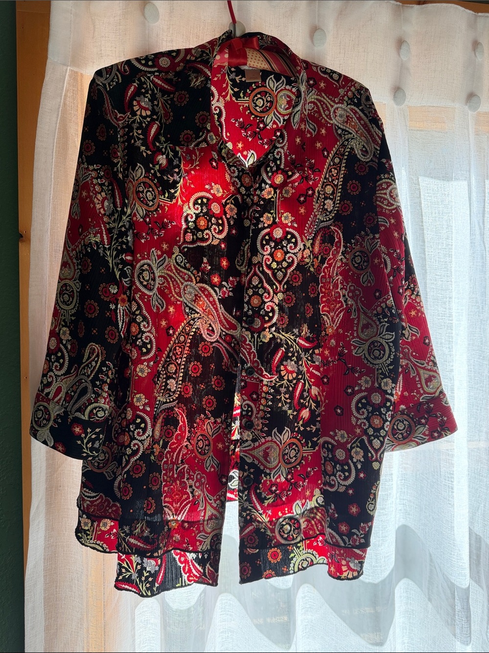 CJ Banks Red and Black Paisley Button-Front Jacket